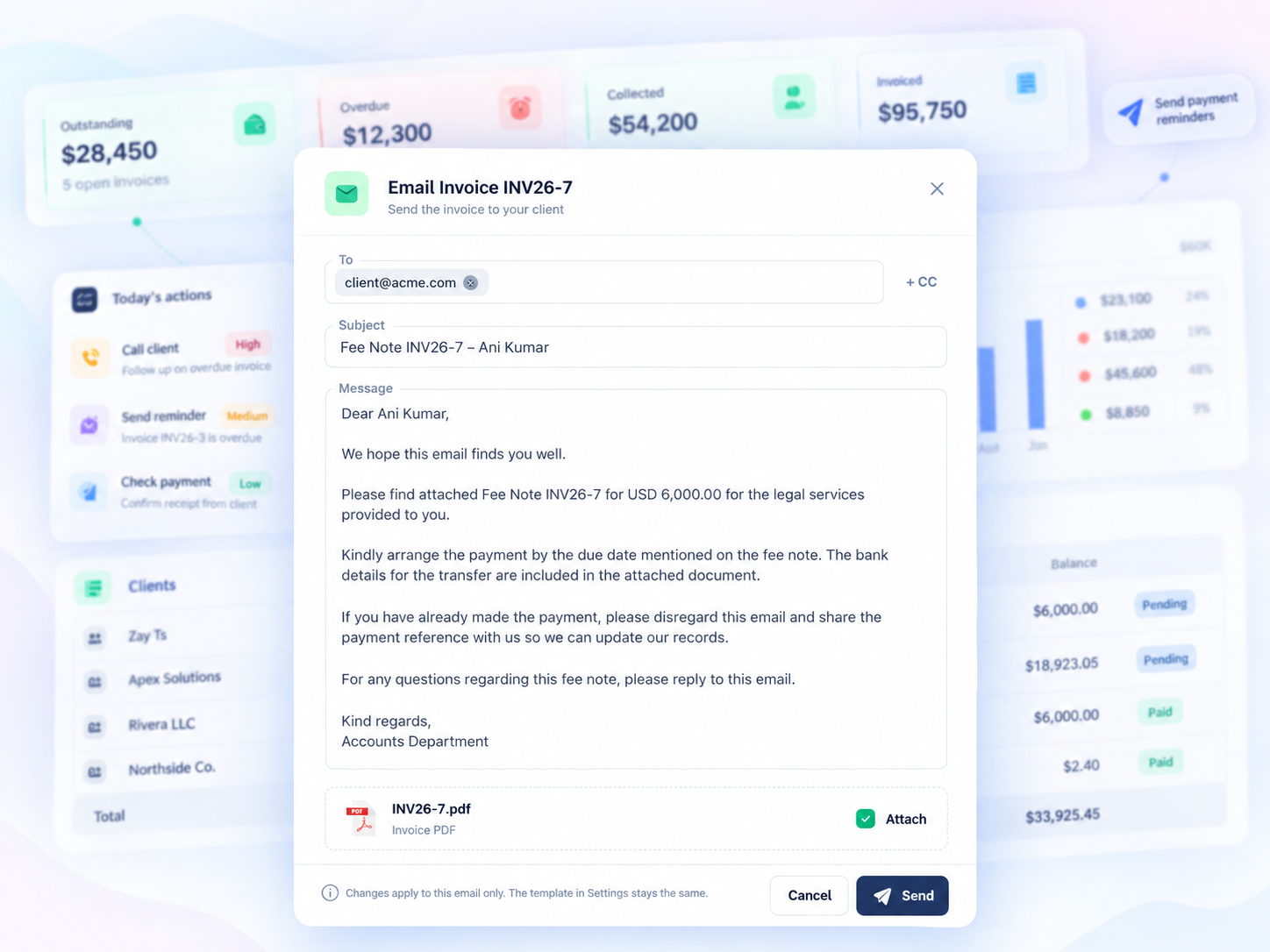 DebtXpert collections dashboard with outstanding, received and balance figures